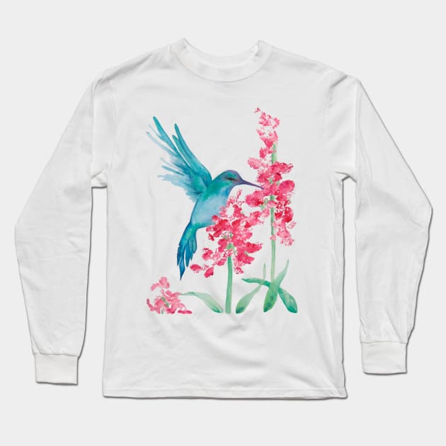 Charming Blue Hummingbird Long Sleeve T-Shirt by caroberte